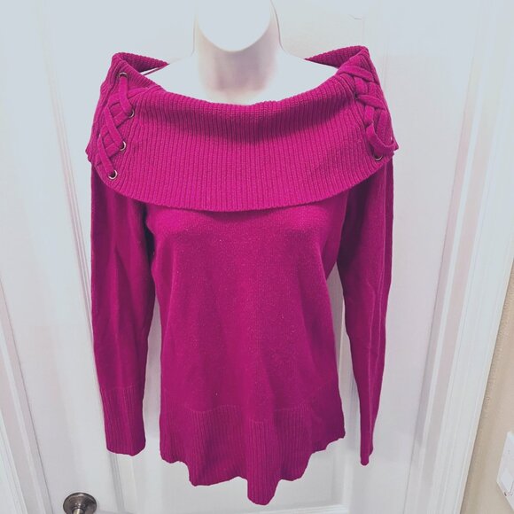 Cache Women's Fuchsia/Gold Shrug Off Shoulder Rabbit Hair Mix Sweater-Size Med - Picture 4 of 14